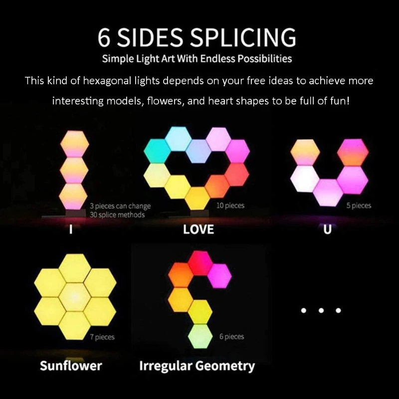 RGB LED Quantum Lamp Hexagon Light DIY LED Wall Lamp Touch Sensor RGBW LED Honeycomb Light Colorful Night Light USB Modular Lamp