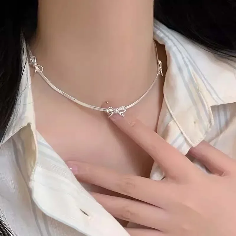 2025 New Silver Color Simple Snake Bones Bowknot Bracelet for Women Girls Sweet Bowknot Clavicle Chain Necklace Jewelry Set