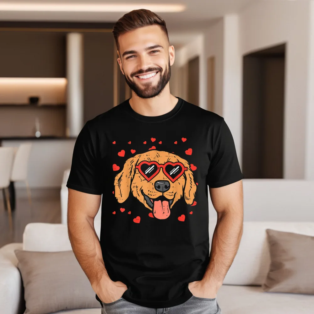 Discount Mens T Shirts Round Neck Short Sleeve Cotton Fabric Golden Retriever Face Heart Glasses Tops & Tees Lose Tee-Shirts