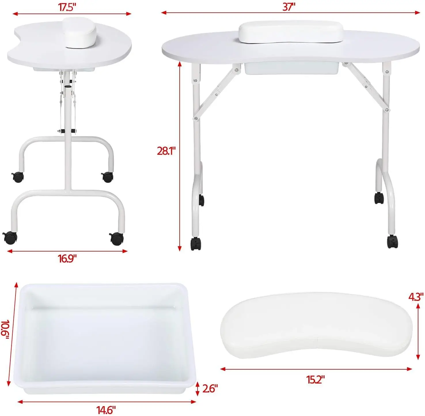 37-inch Foldable Manicure Table Nail Desk Workstation w/Carrying Case/Wheels for Spa Beauty Salon and Adjustable Low