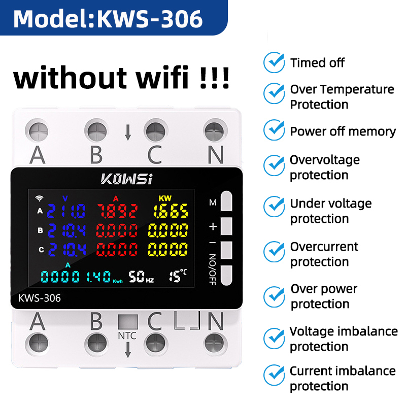  Wifi Power Energy Meter AC Monitor AC 85-290V 80A 3 Phase 4-wire DIN Rail Over Under Voltage Protector Electricity Meter
