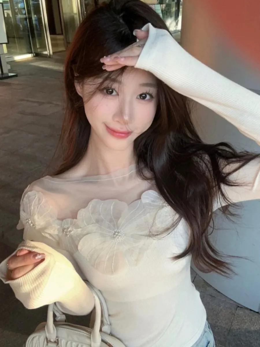 

Sweet Sle Long Sve Lace oulder Knitted T-irt Women's Slim Fit Top Spring Autumn Faionable Base irt Inner Wear