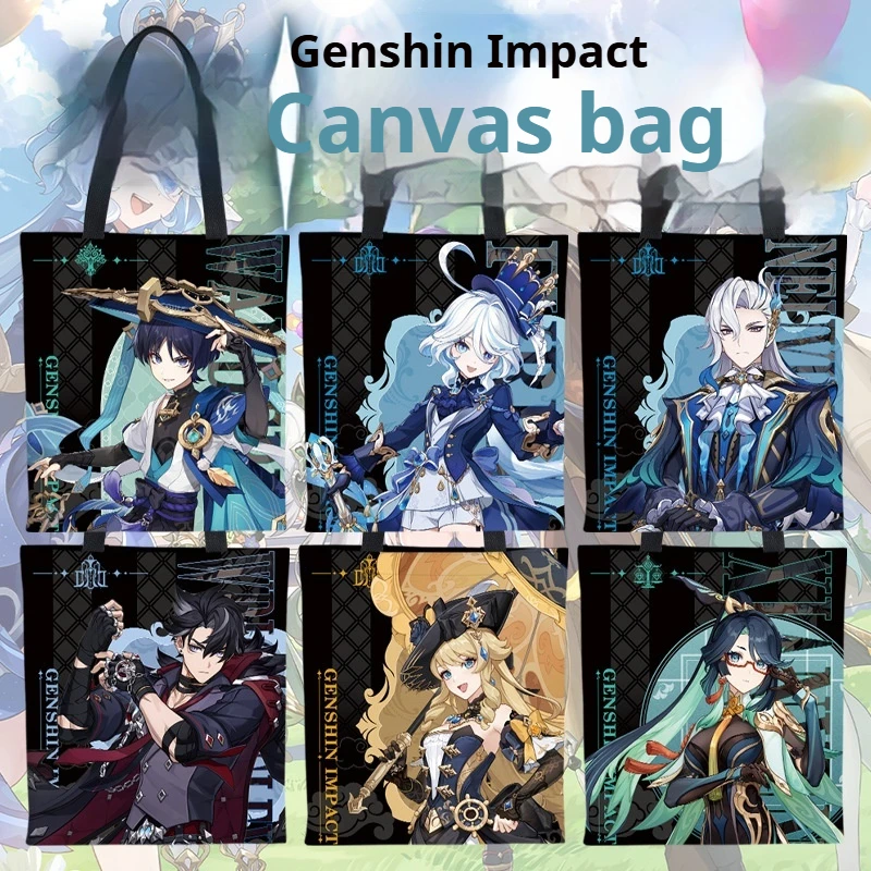 Game Genshin Impact Canvas Bag Double-Sided Pattern Design Character Xiao Hutao Kawaii Supermarket Black Shopping Storage Bags