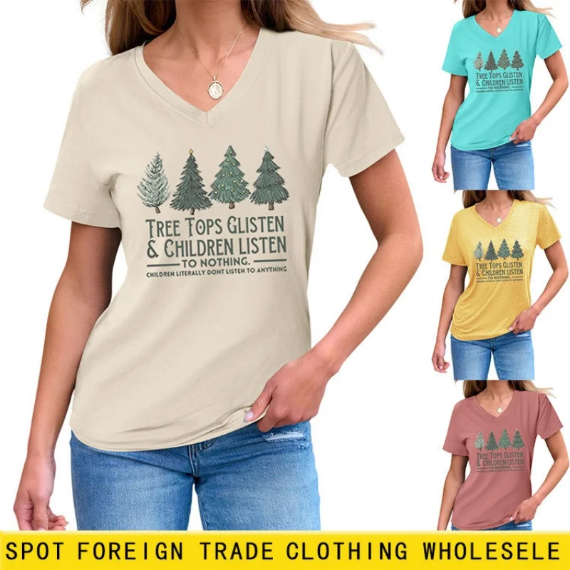 

Женская летняя футболка с короткими рукавами и принтом, в корейском стиле, с V-образным вырезом, модный и универсальный топ.