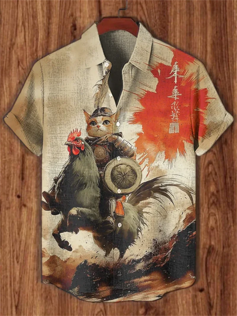 

Men's new comfortable linen short sleeved shirt 3D spider print guitar pattern button short sleeved top