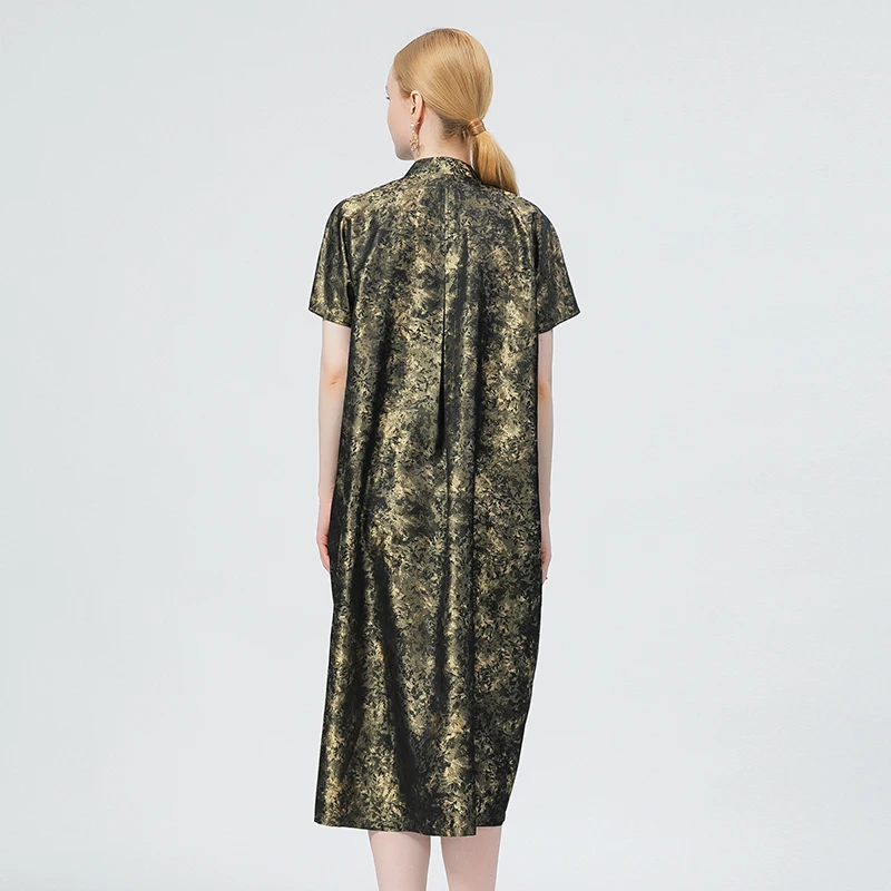 Silk Yarn-dyed Jacquard Lysimachia V-neck Pullover Short Sleeve Fold Printing Under The Big Swing Slit Dress AE975 Summer