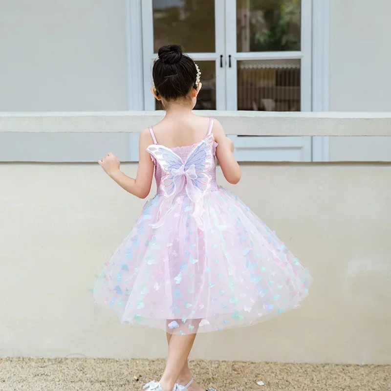 

2024 Summer New Girls Sleeveless Wings Dress Bohemian Style 3D Butterfly Mesh Dress Cute Sling Puffy Princess Dress