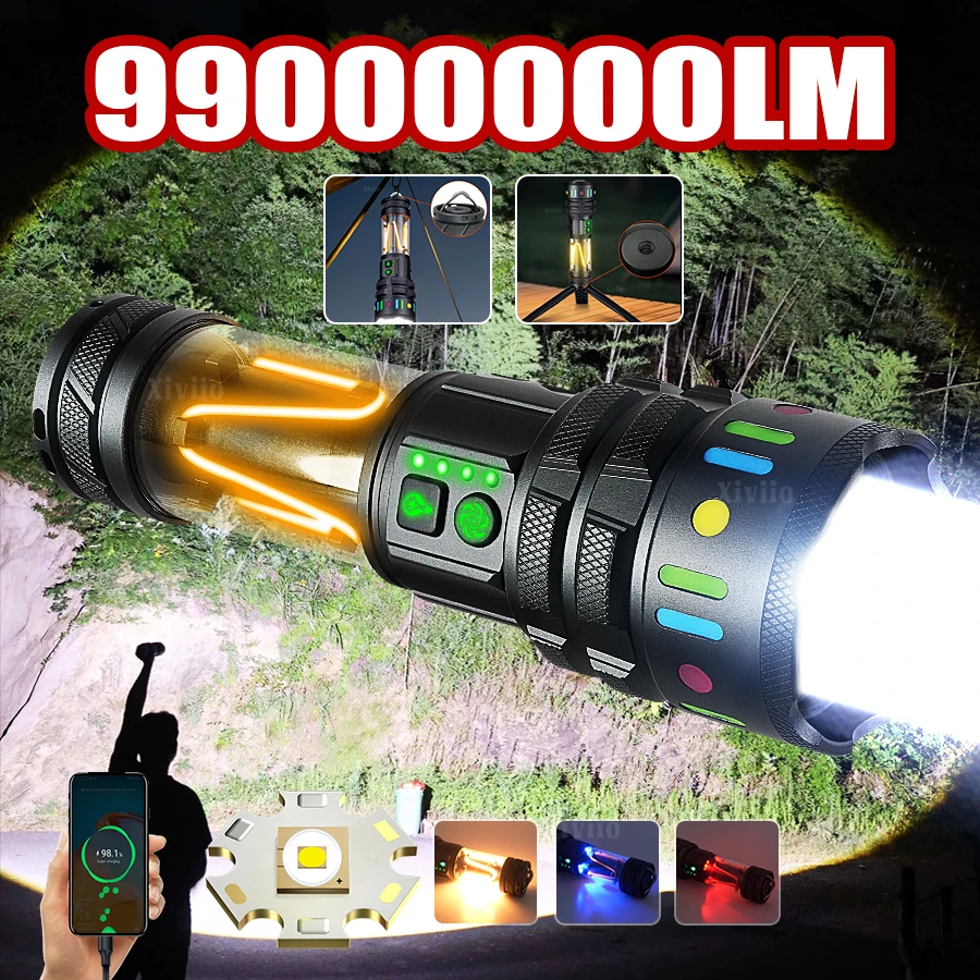 99000000LM Zoom Round Beam LED flashlight High Power LED Flashlight Rechargeable COB Torch Outdoor COB Camping Fishing Lantern