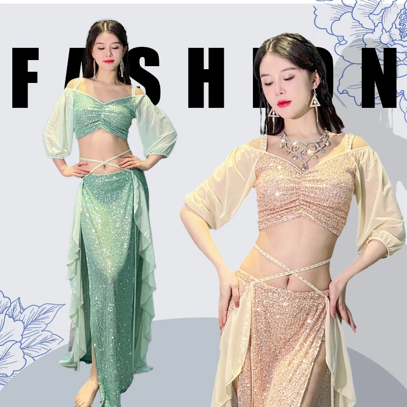 Belly Dance Costume Fashion Personality Sequin Mesh Top+skirt Two-piece Set Suitable Women's Daily Practice Performance Dressing