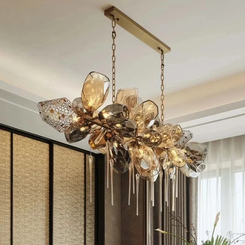

Golden crystal chandelier, stainless steel hollow lustre design, G9 light source, adjustable height, ceiling hanging lighting