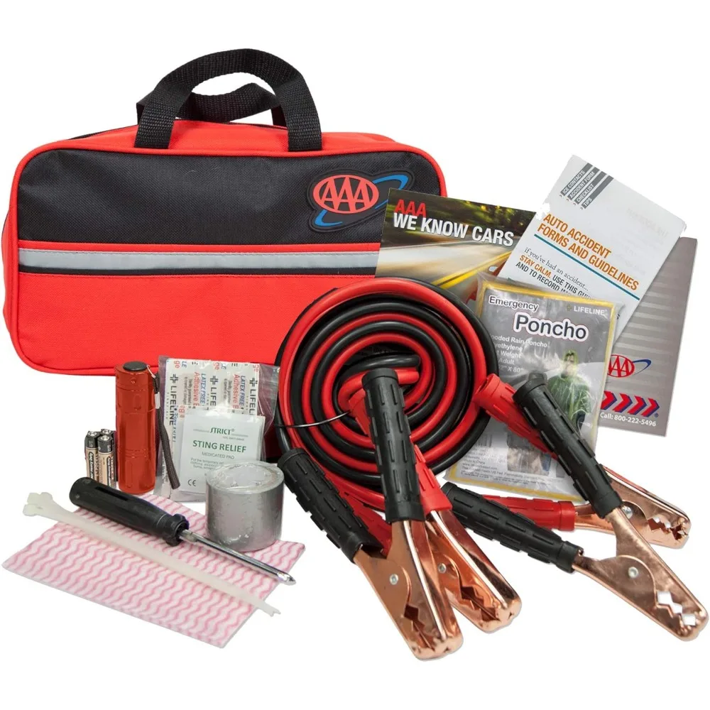 

42-Piece Premium AAA Emergency Car Kit: Includes Jumper Cables, Flashlight, and First Aid Supplies - Black