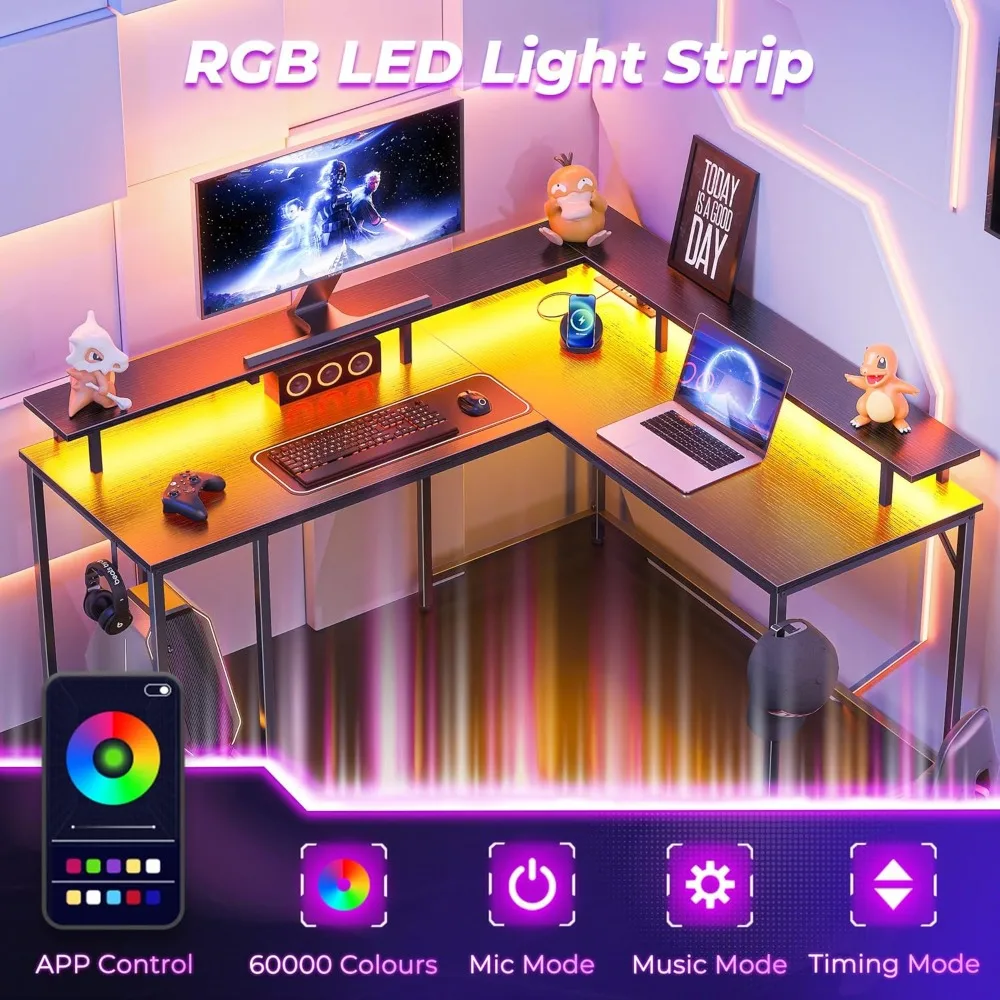 Scrivania da gioco a forma di L con luci a LED e prese di corrente