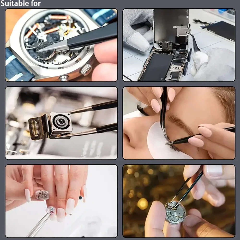 Pinça antiestática de aço inoxidável, 6 peças, segurança antiestática, pinça curvada de precisão esd, ferramentas de manutenção eletrônica