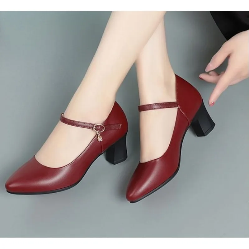 Women Pumps Fashion Sweet Red Comfort Buckle Strap Square Heel Lady Casual Basic Black Pu Leather Office Work High Heels Shoes