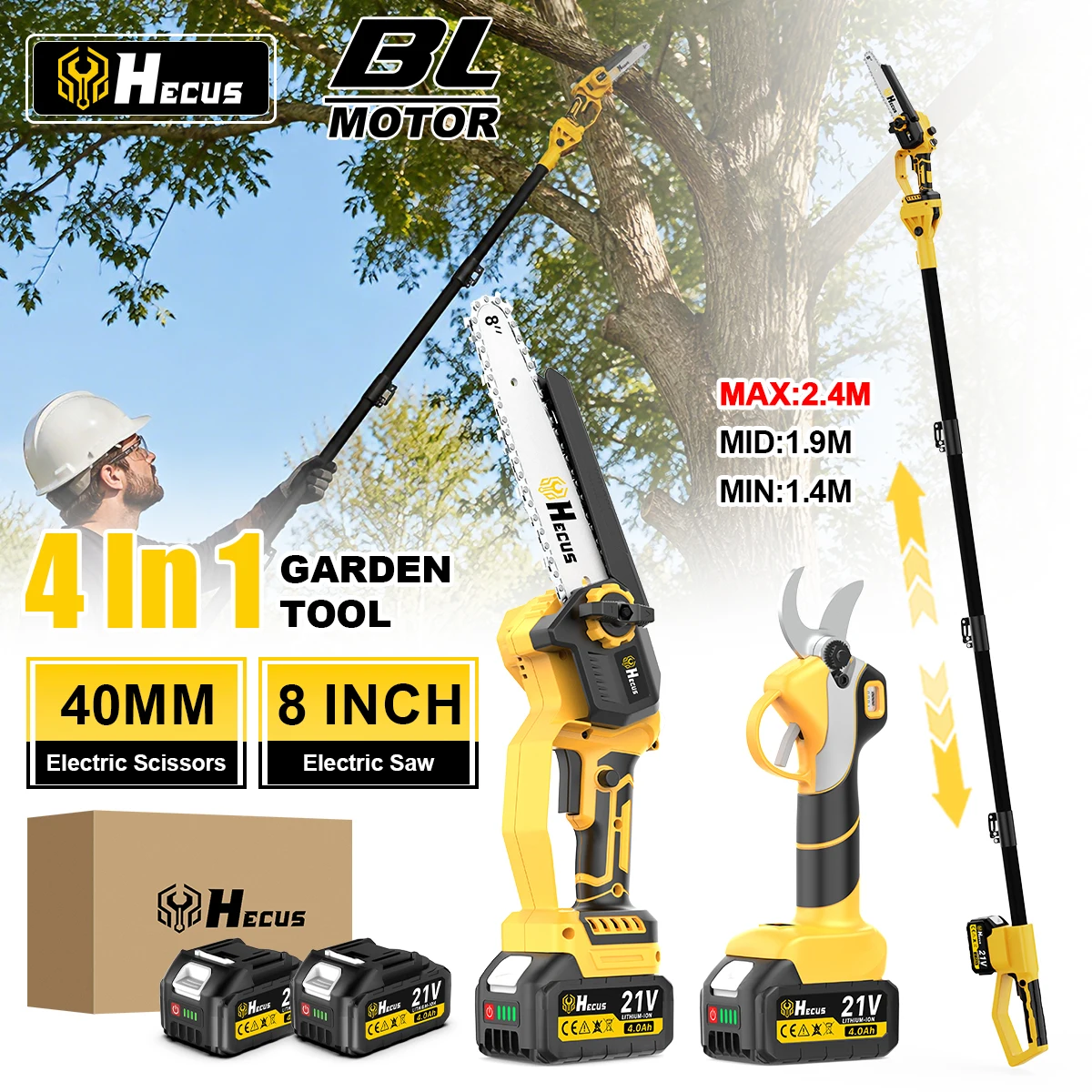 Hecus Bürstenlose 4-in-1 Teleskop-Elektrokettensäge Schere Kabellose Garten-Hochastsäge Garten-Holzbearbeitungs- und Schneidewerkzeug für Makita 18V Akku