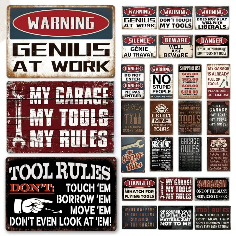 Metal Tin Poster My Garage Rules Warning Vintage Tin Sign Metal Plate Beware Wall Decor for Garage Danger Man Cave Wall Decor