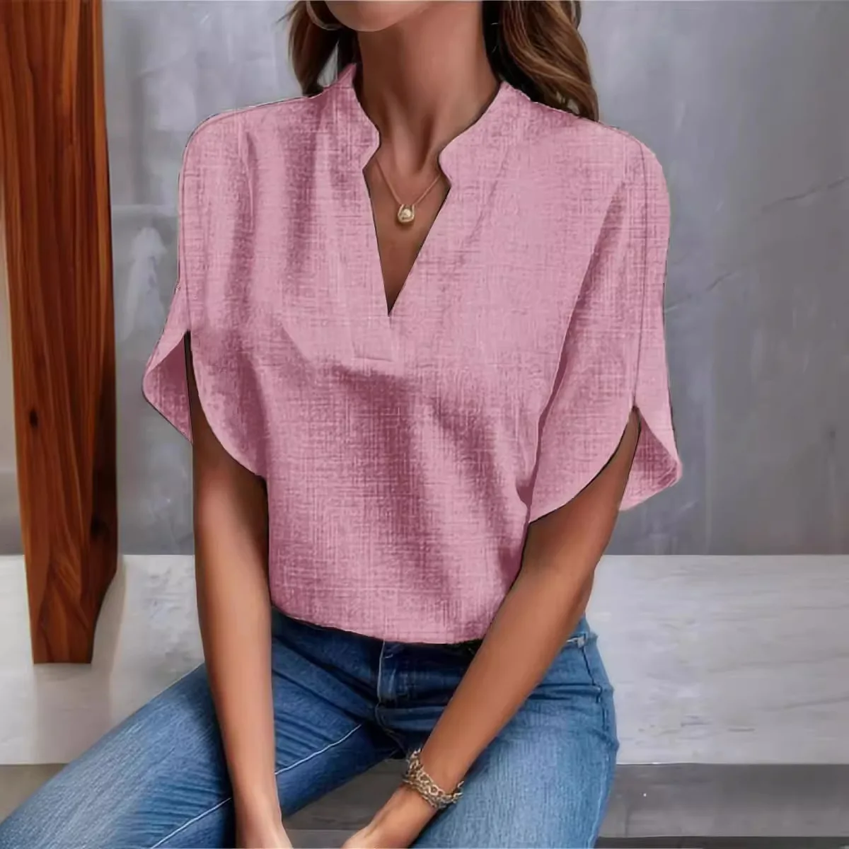 Camisas de lino para mujer, Tops holgados informales cómodos con hombros descubiertos, cuello en V, Color blanco y liso, verano, 2024