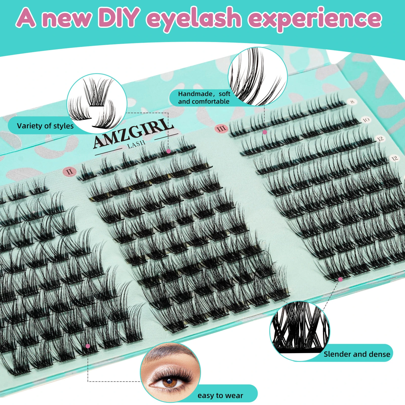 AMZGIRL Lash 144Pcs DIY Lashes Extension Clusters Lash Kit with Bond and Seal Remover Tweezer 3 Styles C Curl 8-16Mix Lashes ASA