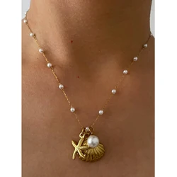 Peri'sbox 2024 New Trendy Imitation Pearl Starfish Shell Pendant Necklace for Women Summer Beach Holiday Gift Waterproof Jewelry