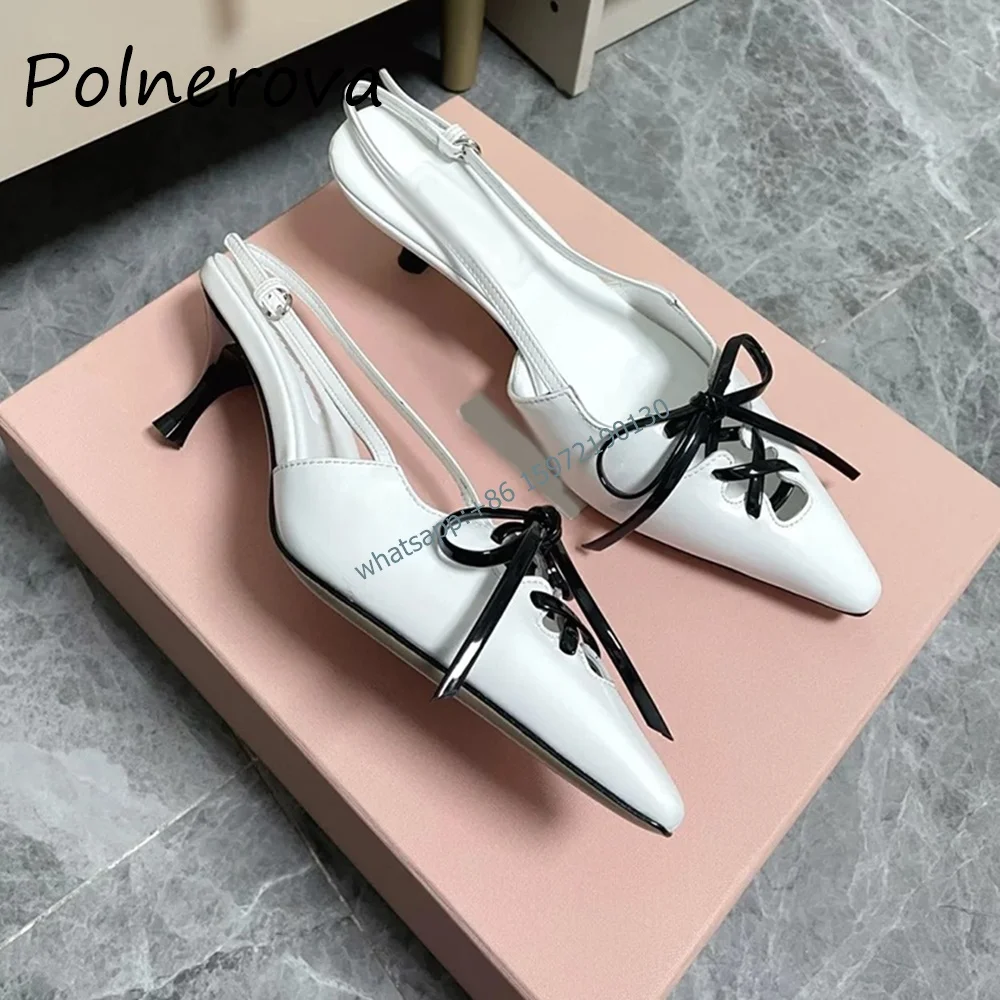 Patent Leather Bows Sandals Cross Lace Up Pointy Toe Hollow Buckle Stiletto Shoes Mixed Color Black White French Style Shoes