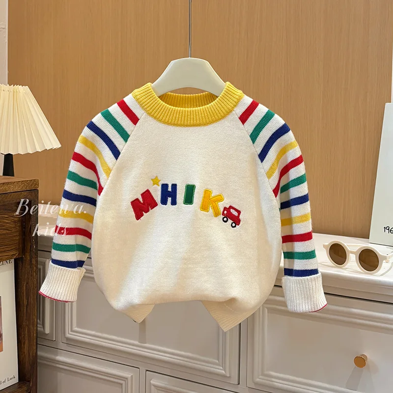 

Осенние детские пуловеры для девочек, хлопковый Радужный свитер с рукавами реглан для маленьких девочек, свободный жаккардовый детский трикотаж с надписью для девочек