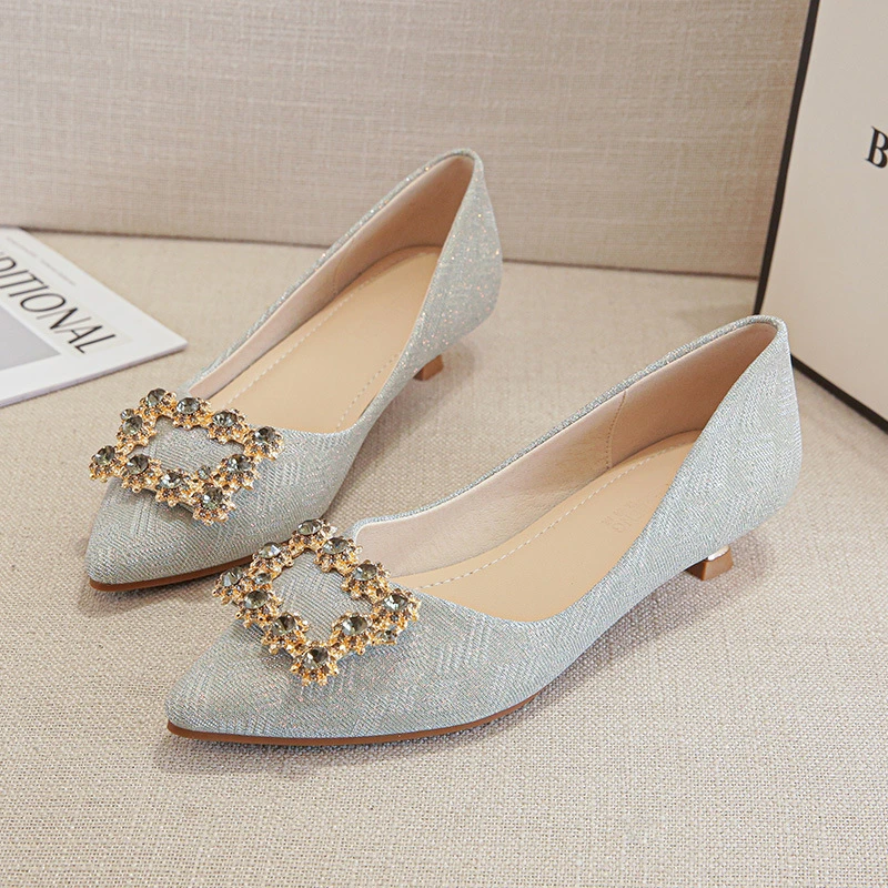 

Womens Light Blue Glitter Pointed Toe Kitten Heel Pumps With Crystal Square Buckle Detail Elegant Bridal Wedding Party Dress