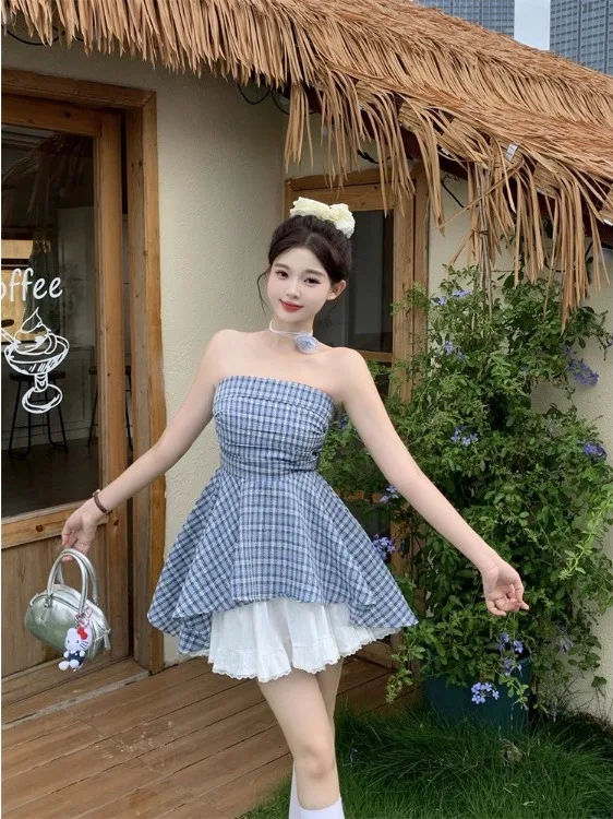 

Sweet And Spicy Style plus Size Women's Two-Piece Set Summer New One Shoulder Plaid Shirt Lace Trim Skirt Korean Style
