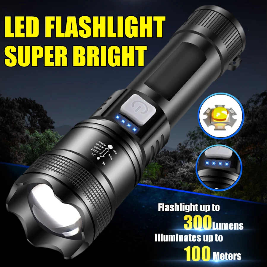 

Powerful XHP70 LED Flashlight Built in 26650Battery USB Rechargeable Zoom Torch With Tail Warm Light Outdoor Camping Lantern