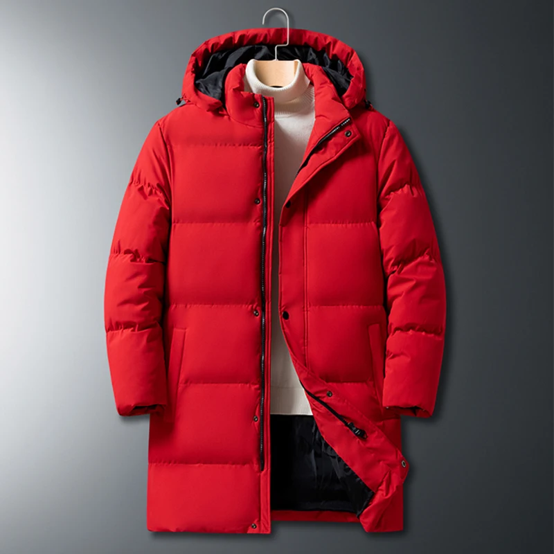 

Зимнее мужское длинное красное хлопковое пальто большого размера, пуховое хлопковое пальто, повседневная теплая верхняя одежда, молодежный тренд, молния из полиэфирного волокна