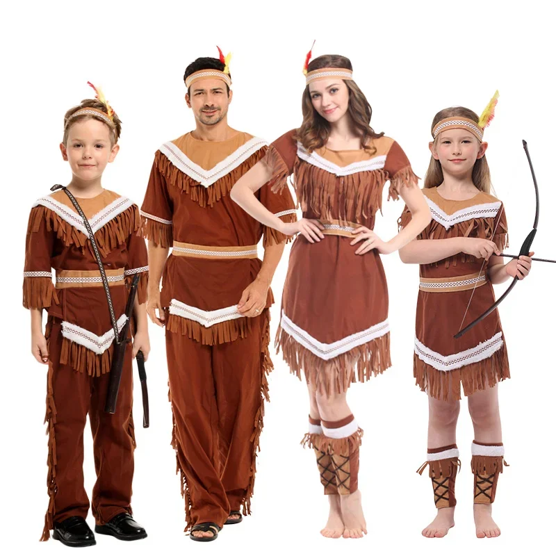 Kids boys Girls Pocahontas Huntress Costume Purim Party Mardi Fancy Dress headdress Halloween Women men Indian Princess Costumes