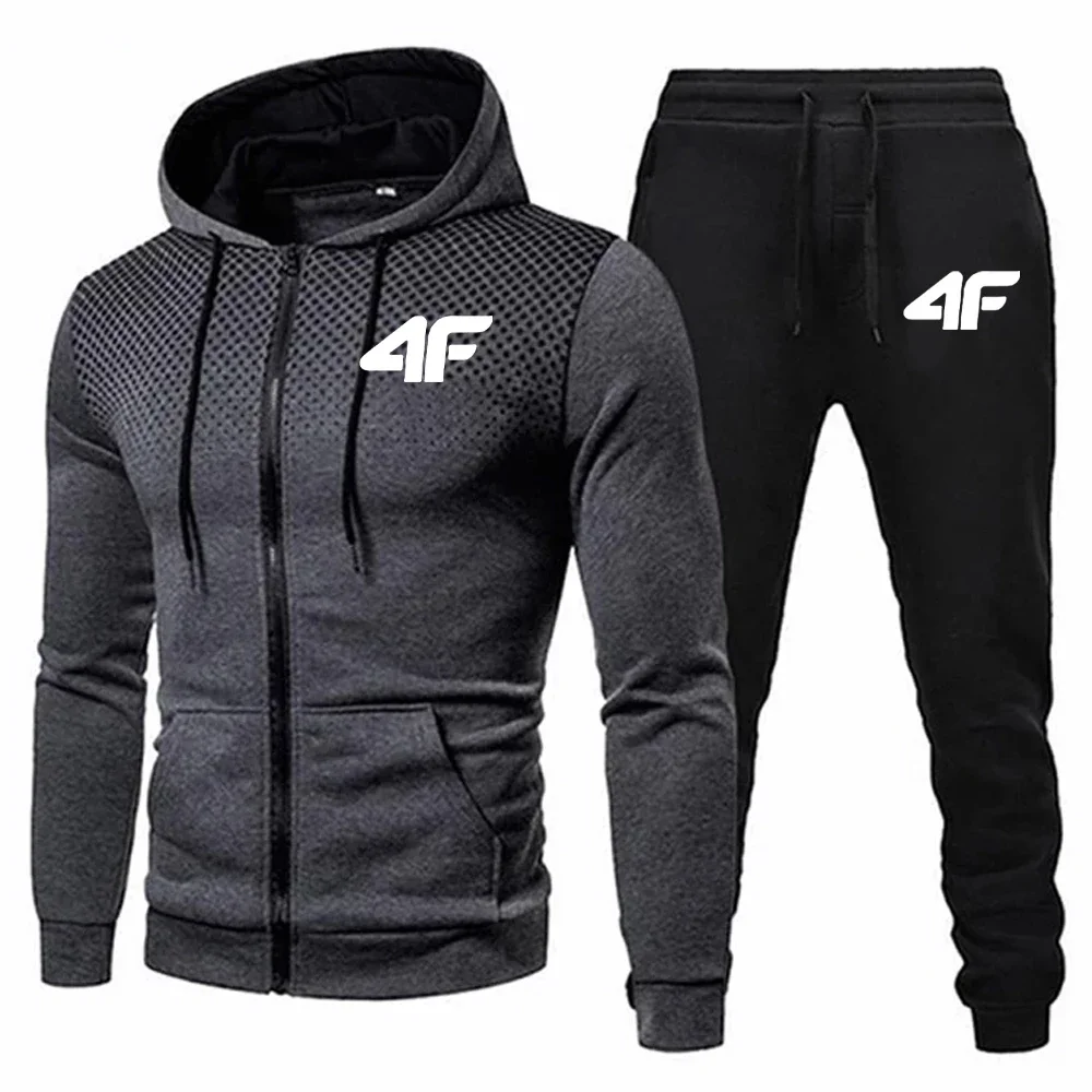 Autumn Winter Mens Tracksuit Jogging Sweatpants 2 Piece Set Sport Zipper Jacket+Running Trousers Suit Casual Printing Clothing