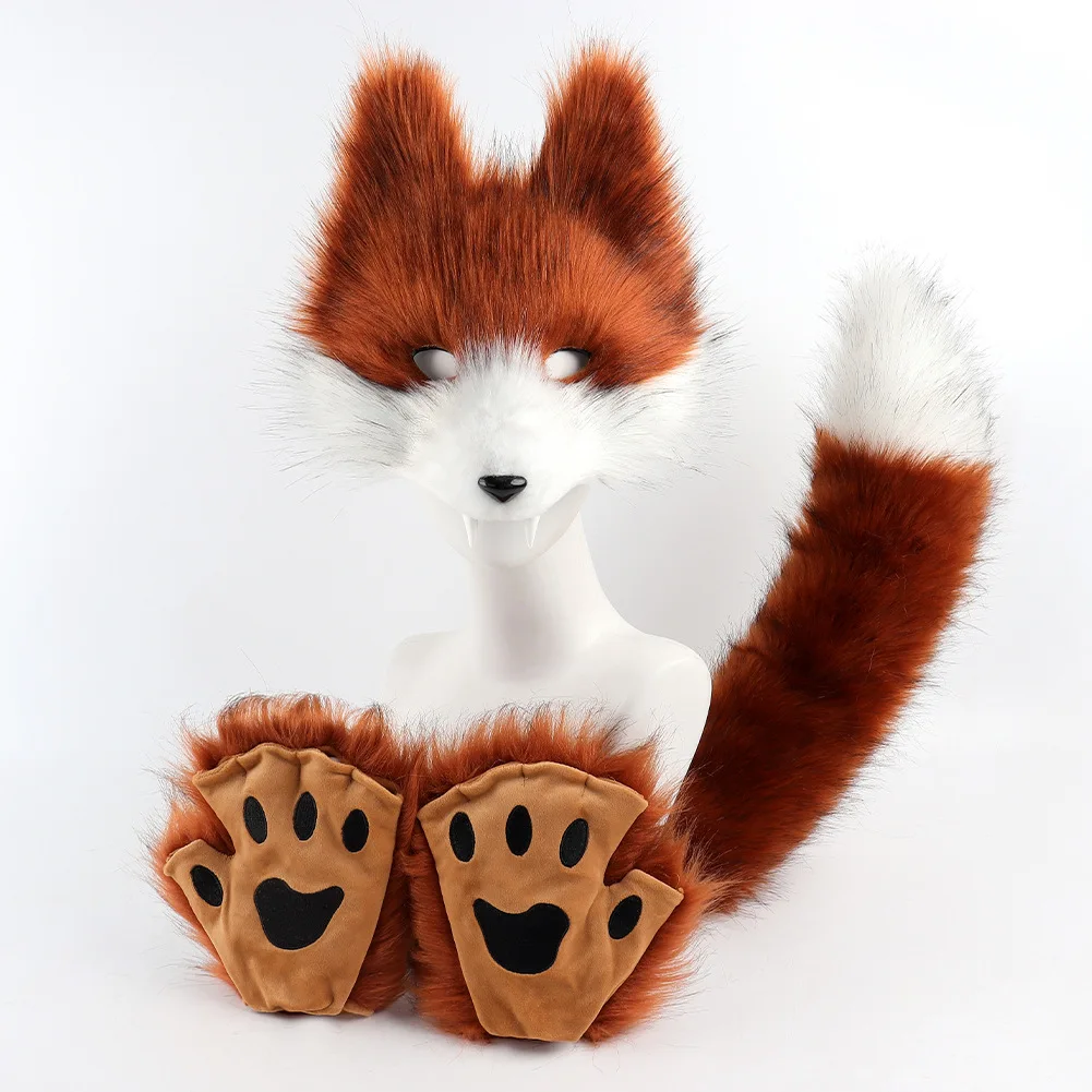 Simulation Wolf Teeth Cosplay Mask Set Beast Plush Tail Half-finger Gloves Man Woman Carnival Festival Party Costume Accessories