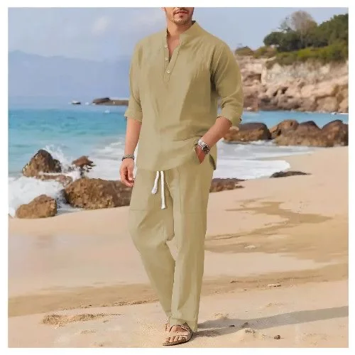 

Loose Fit Linen Men's Casual Long Sleeve Shirt And Pants Two Piece Set Comfortable Breathable Summer Clothing American Style