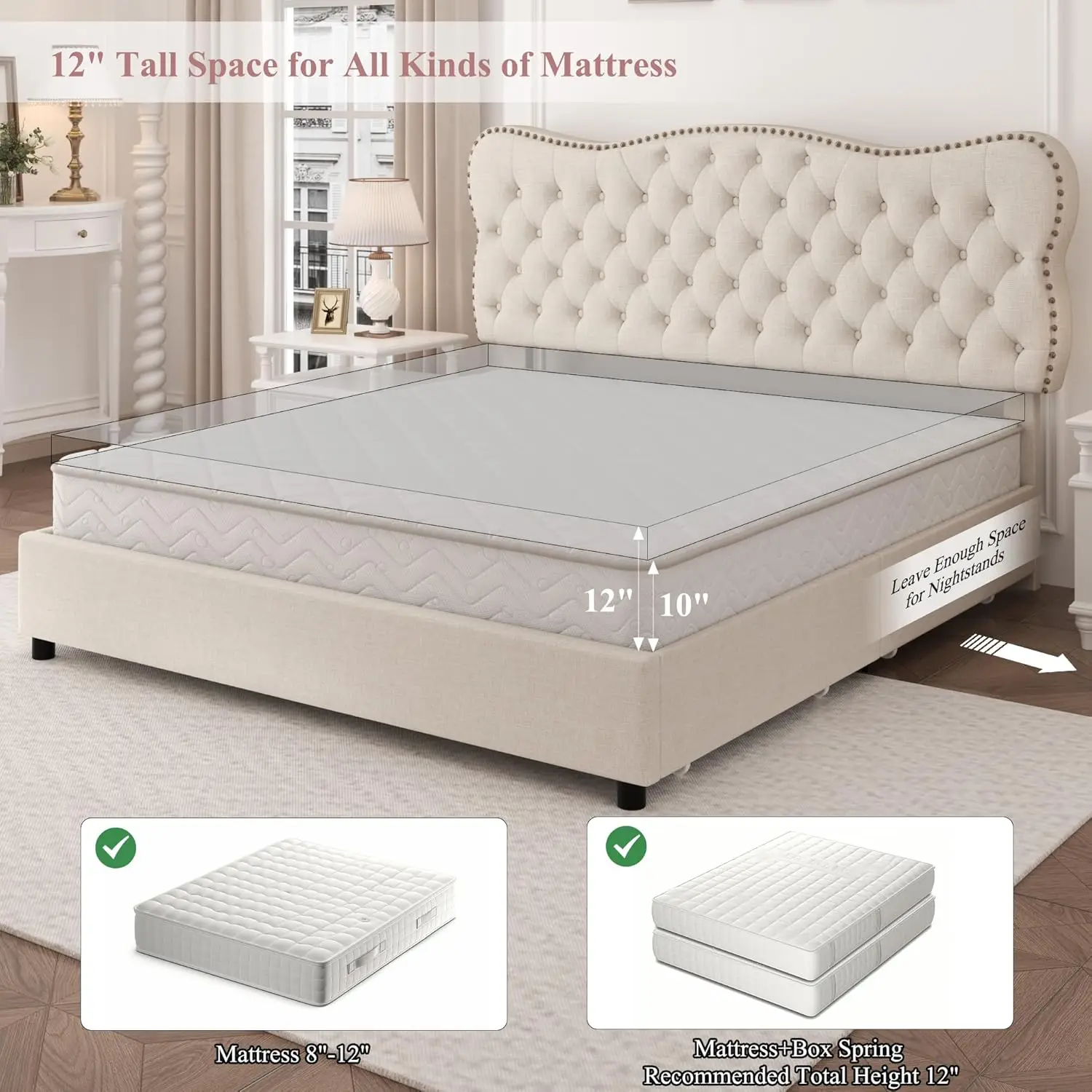 Queen size bed frame with 4 storage drawers, cushioned platform frame, button cluster headboard