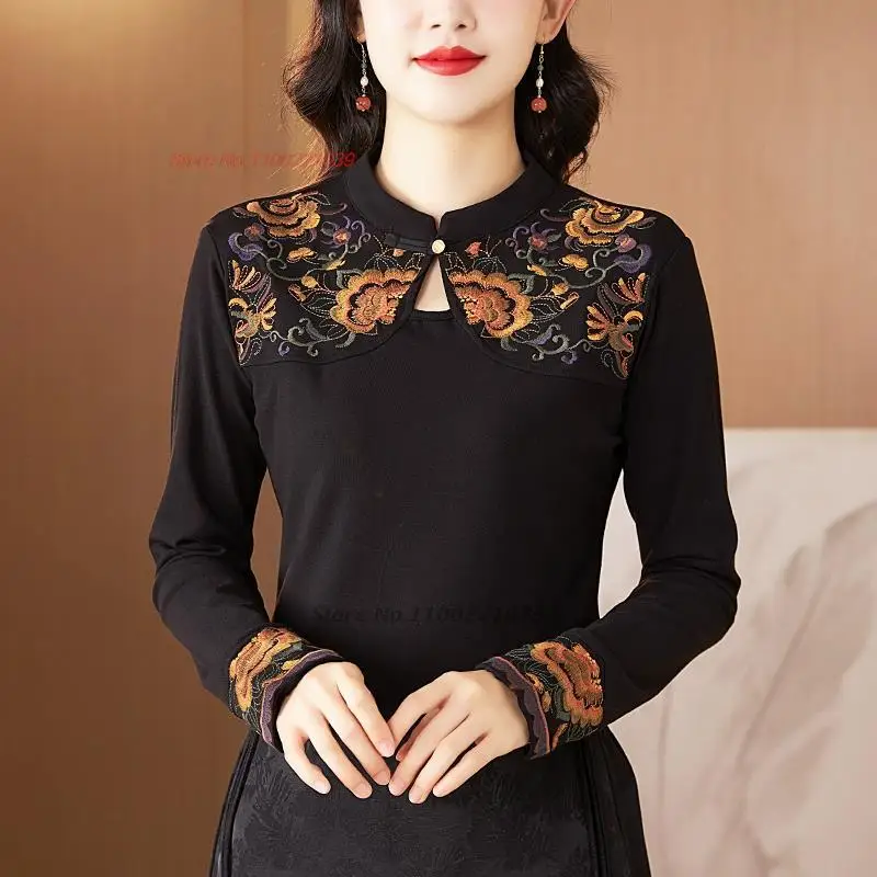 2024 chinese traditional base shirt national flower embroidery ethnic shirt vintage hanfu tops oriental fleece lined t-shirt