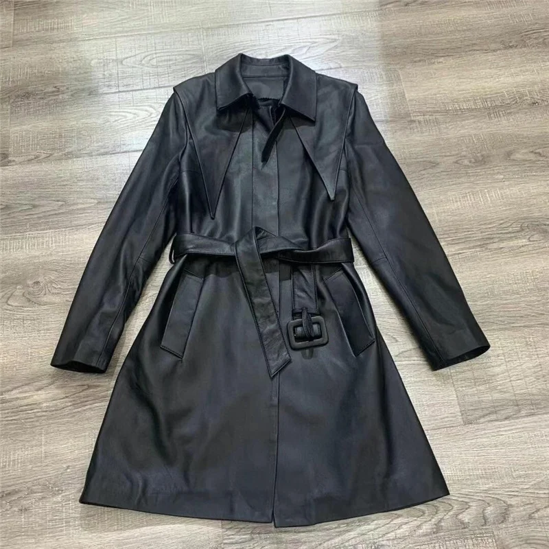 2023 Hot Sale Women Real Leather Black Khaki Long Trench New Turn Down Collar Long Sleeve Loose Fit Windbreaker Fashion Tide Spr