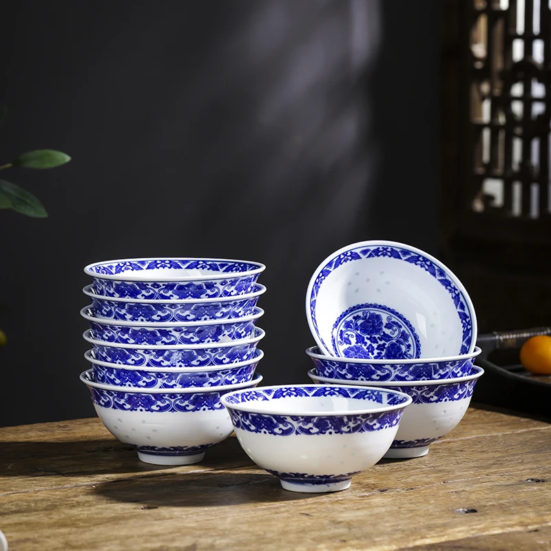 10pcs Jingdezhen Blue and White Porcelain Ceramic Bowl Underglaze Color Tableware Noodle Bowls Vintage Dragon Rice Bowls Kitchen