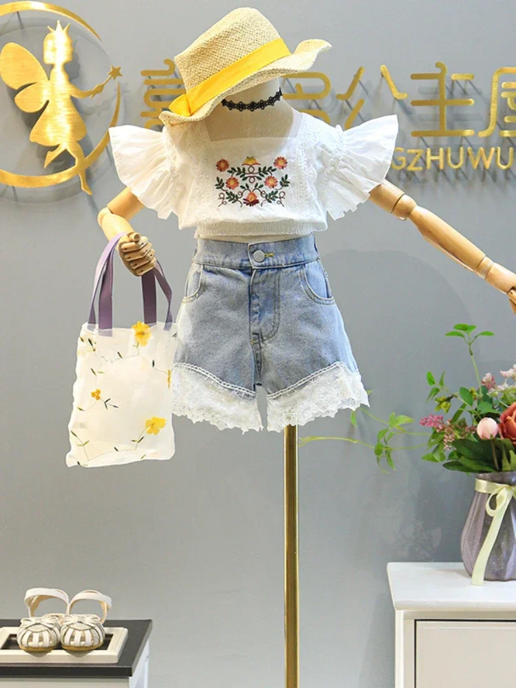 New Kids Clothes Set New Summer Girls Fashion Lace Blouse amp Denim Shorts Korean Style Toddlers Kids Casual Pants Jeans 2-7Y