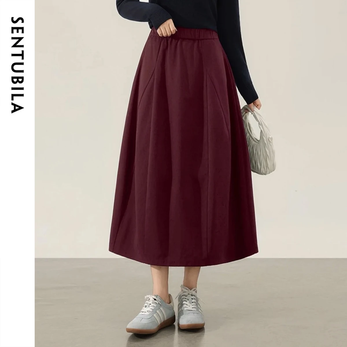 

SENTUBILA Solid Skirt Women's 2025 Autumn Cotton Loose Fit A-line Pockets Elastic-Waist Petal Skirt Ankle-length 153QA2529