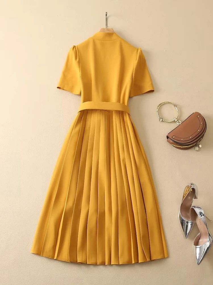 ZJYT Runway Designer Fashion Women Pleated Dress Elegant V Neck Short Sleeve Belt Midi Party Dresses Yellow Casual Holiday Robe