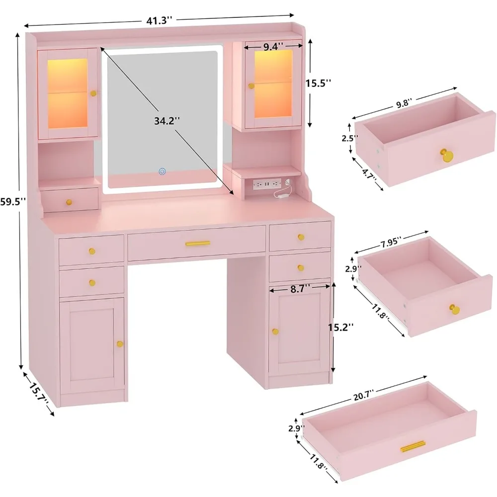 Table de maquillage avec prise de courant et rangement, bureau de vanité rose, 6 étagères de rangement de proximité, 41.3 po