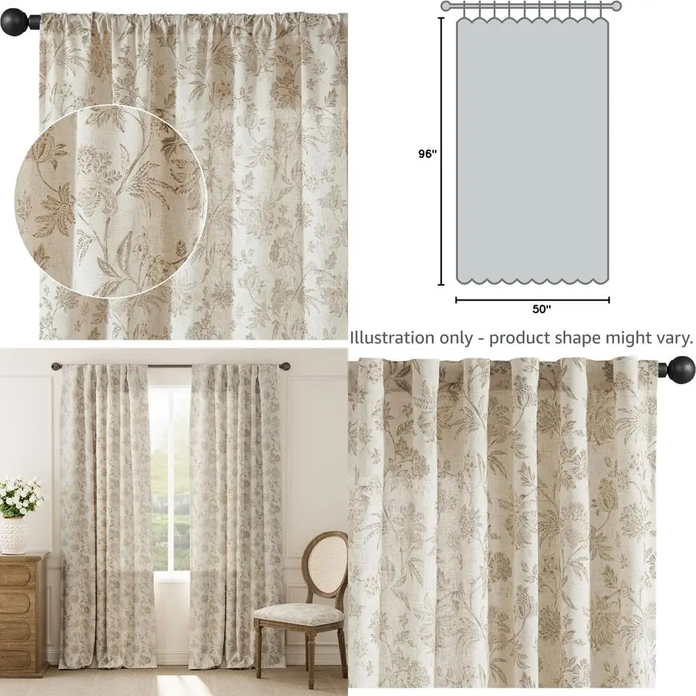 

Taupe Linen Floral Curtains, 96 Long, Light Filtering, French Country Style, Back Tab Rod Pocket, Farmhouse Drapes, 2 Panels