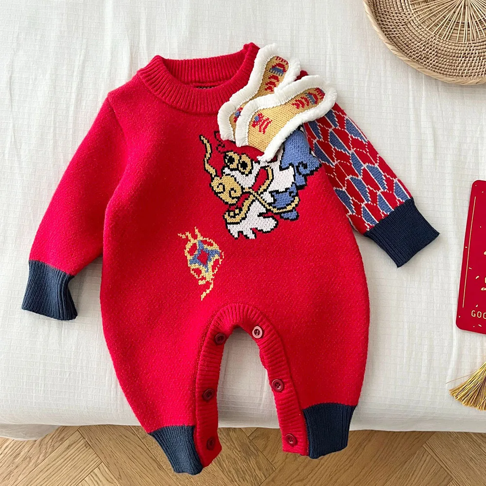 Baby Long Sleeve Jumpsuit Knitted Red Color Winter Thicken Warm Newborn Clothes Chinese Style New Year Baby Boy Girl Romper