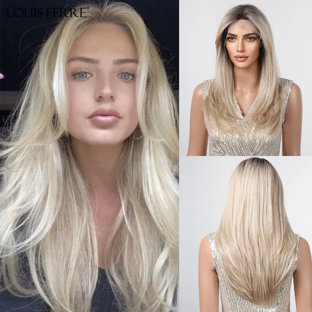 LOUIS FERRE brązowa blond Ombre syntetyczna koronka peruka Front długa prosta sztuczne włosy peruka dla kobiet codzienna Cosplay koronkowa peruka z