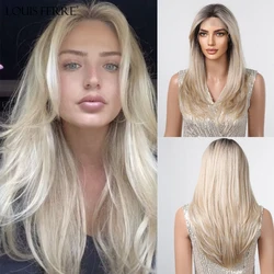 LOUIS FERRE brązowa blond Ombre syntetyczna koronka peruka Front długa prosta sztuczne włosy peruka dla kobiet codzienna Cosplay koronkowa peruka z grzywką