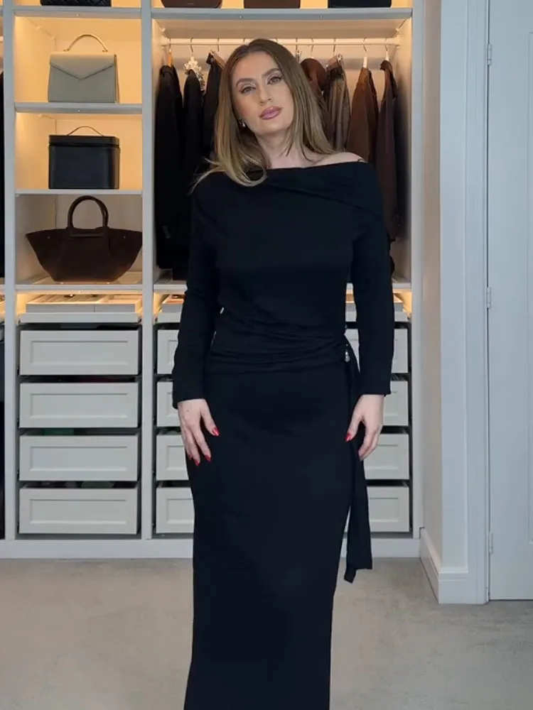 HH mujeres de manga larga Slash Neck Metal plisado decoración vestido Casual ajustado vestido largo femenino primavera sólido elegante vestido de fiesta