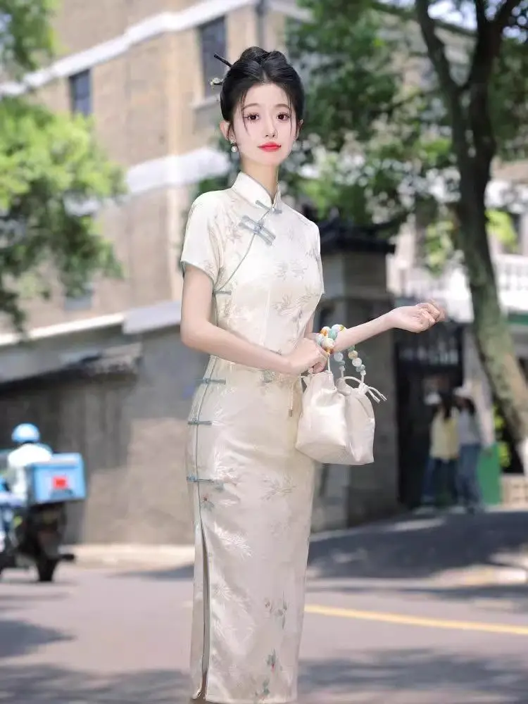 Novo estilo chinês diário de comprimento médio cheongsam vestido elegante verão melhorado jovem feminino qipao vestido