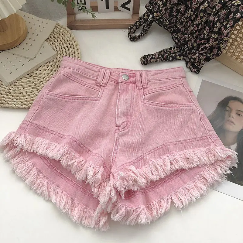 Mini Short en Denim de Style Coréen pour Fille, Taille Haute, Bord Brut, Amincissant, Pompon, Streetwear, Été, 2024