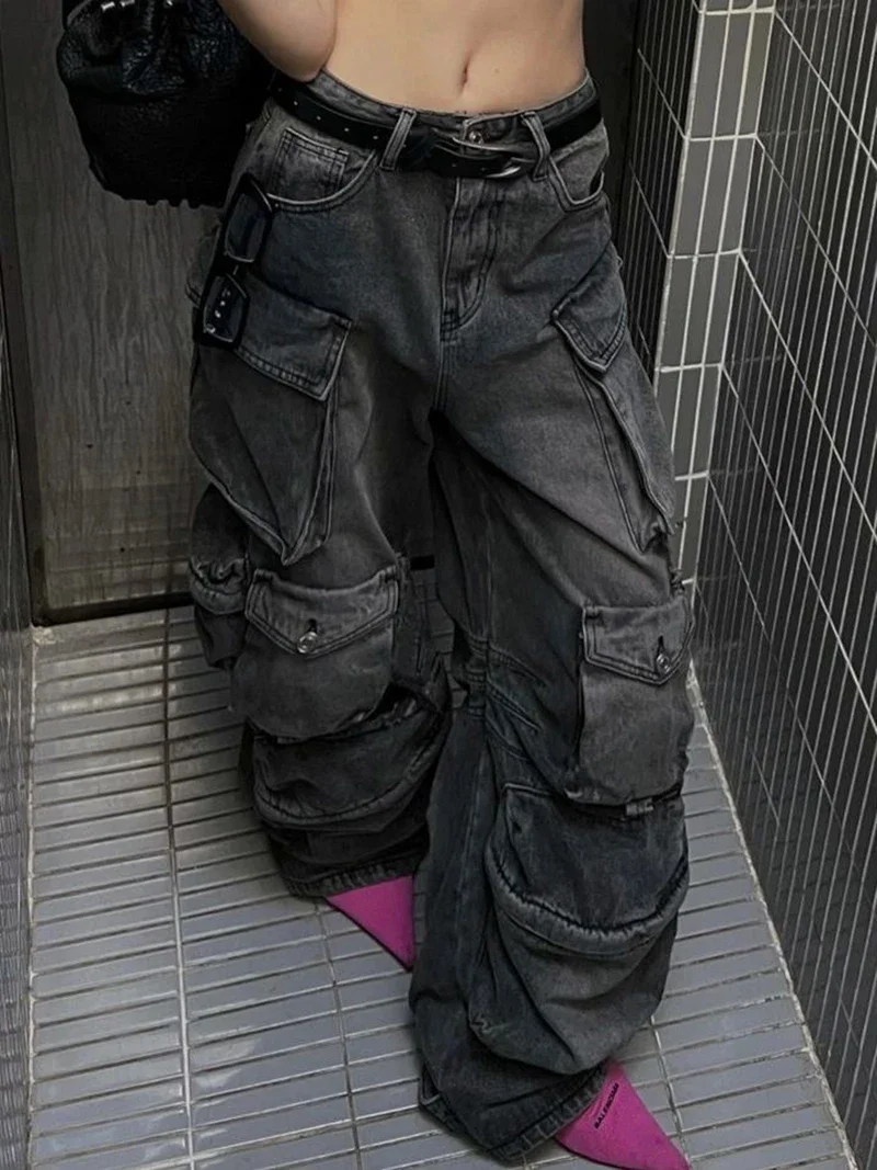

Женские винтажные потертые джинсы-карго с несколькими карманами, американские прямые джинсовые брюки Y2k 2000-х годов с высокой талией, уличная одежда, широкие брюки