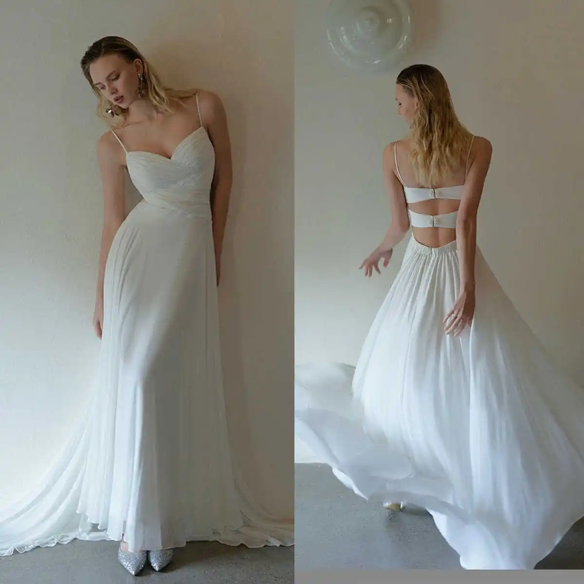 Summer A Line Wedding Dress Chiffon Spaghetti Straps Vestido De Noiva Princess  Bridal Gowns Sexy Backless Birde Dresses